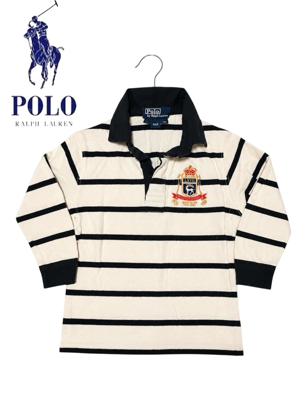 Ralph Lauren Kids Cream & Black Striped Rugby Polo with Crest- NWOT Size 3T